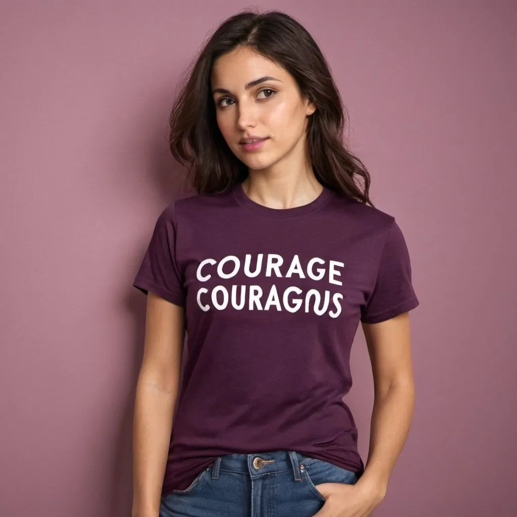 Prompt: PLUM COLORED T SHIRT SAYS

                    COURAGIOUS
