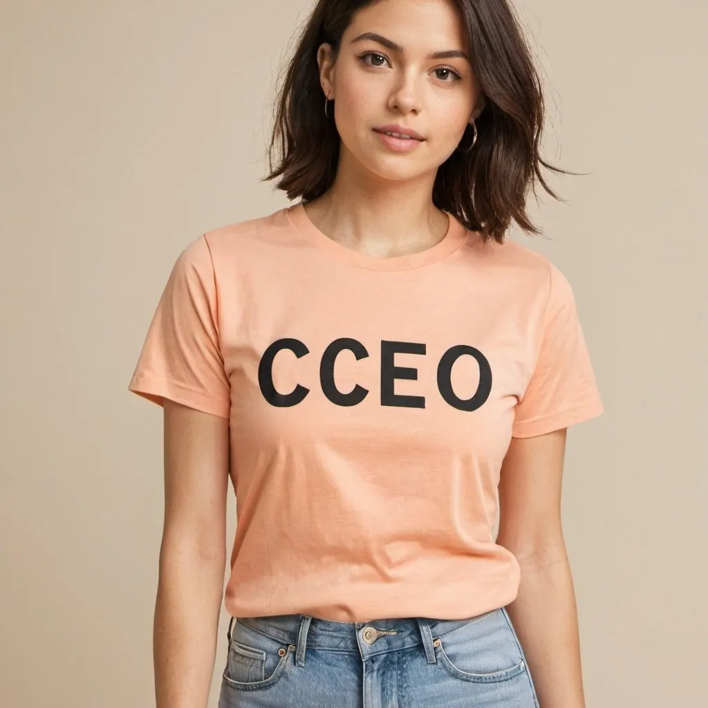 Prompt:  PEACH COLORED T SHIRT SAYS

                     C E O
