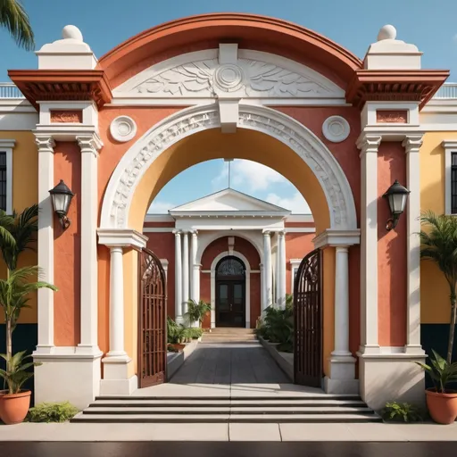 Prompt: grand entrance arch of a building inspired from latin america architecture style