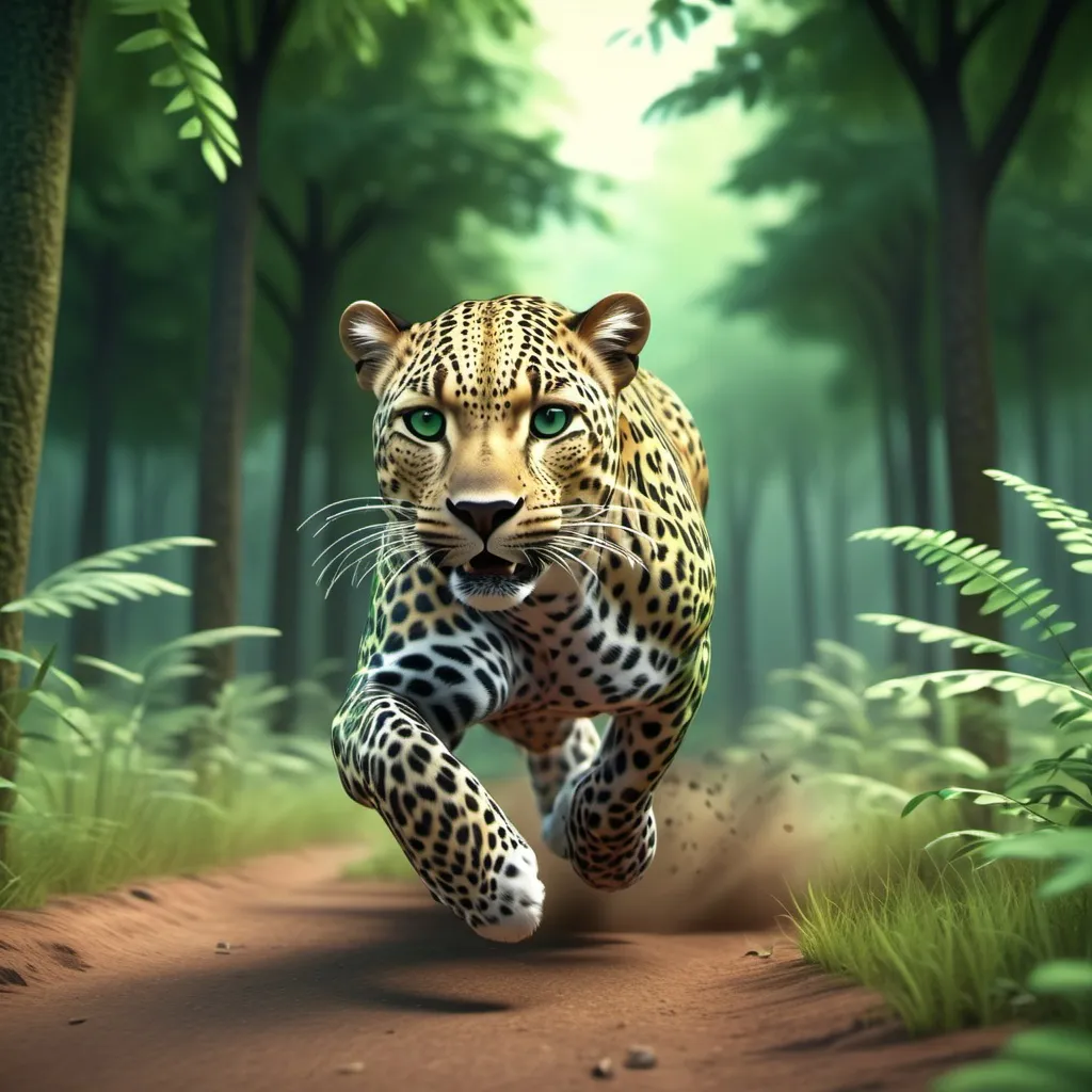 Prompt: A leopard running after Ahu in a green and beautiful forest in 3D animation