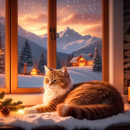 Prompt: Warm wintery scene, cozy fireplace glowing with orange light, large picture window revealing gently falling snow against majestic mountains, soft glowing decorations, inviting atmosphere, high detailing, tranquil ambiance, serene landscape, warm color tones, ultra-detailed, 4K resolution, encapsulating winter's beauty while fostering a sense of warmth and comfort, perfect for a Zoom background. Cat sleeping on the fireplace