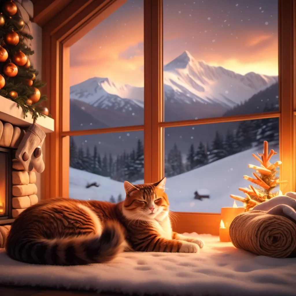 Prompt: Warm wintery scene, cozy fireplace glowing with orange light, large picture window revealing gently falling snow against majestic mountains, soft glowing decorations, inviting atmosphere, high detailing, tranquil ambiance, serene landscape, warm color tones, ultra-detailed, 4K resolution,fostering a sense of warmth and comfort, perfect for a Zoom background. Cat sleeping on the fireplace