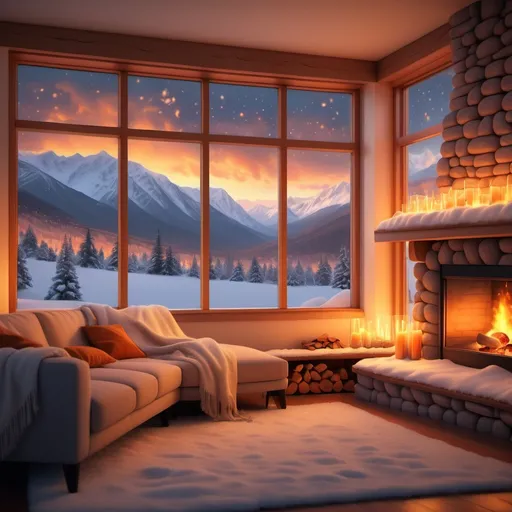 Prompt: Warm wintery scene, cozy fireplace glowing with orange light, large picture window revealing gently falling snow against majestic mountains, soft glowing decorations, inviting atmosphere, high detailing, tranquil ambiance, serene landscape, warm color tones, ultra-detailed, 4K resolution, encapsulating winter's beauty while fostering a sense of warmth and comfort, perfect for a Zoom background.