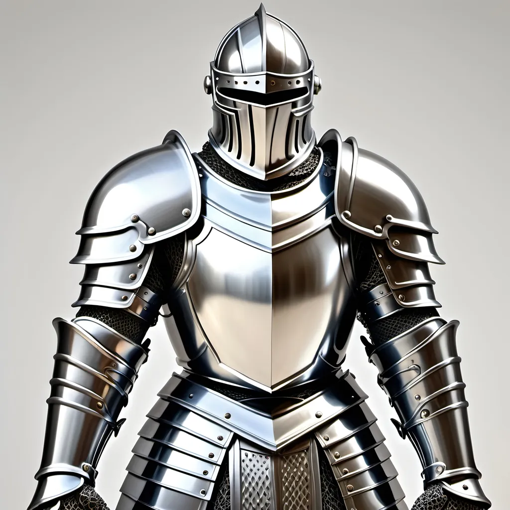 Prompt: Create a highly detailed, realistic depiction of a full knight's armor made entirely of chrome. The armor should reflect its surroundings, showing intricate engravings and patterns along the breastplate, gauntlets, and helmet. The chrome material should give a polished, mirror-like finish, with reflections of light and a hint of the environment around it. The armor should include sharp, angular edges, especially on the shoulder plates and leg guards, with articulated joints that demonstrate both form and functionality. The background should be subtly blurred to focus attention on the armor, and the lighting should emphasize its metallic sheen with realistic highlights and shadows.