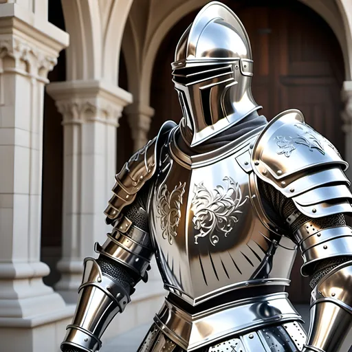 Prompt: Create a highly detailed, realistic depiction of a full knight's armor made entirely of chrome. The armor should reflect its surroundings, showing intricate engravings and patterns along the breastplate, gauntlets, and helmet. The chrome material should give a polished, mirror-like finish, with reflections of light and a hint of the environment around it. The armor should include sharp, angular edges, especially on the shoulder plates and leg guards, with articulated joints that demonstrate both form and functionality. The background should be subtly blurred to focus attention on the armor, and the lighting should emphasize its metallic sheen with realistic highlights and shadows.