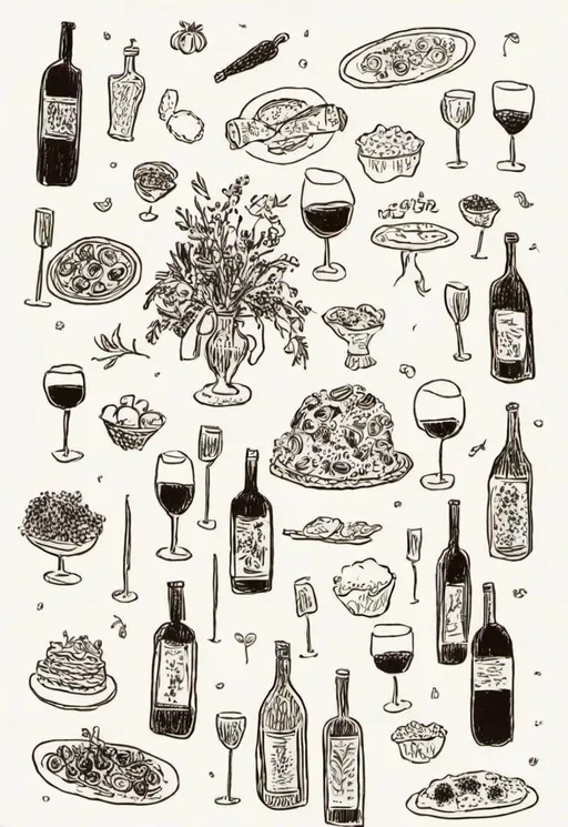 Prompt: <mymodel>Whimsical neoclassical illustration of an Italian dinner card, childlike sketches, central bottle of wine surrounded by various items, charming Italian-style dinner setting, detailed sketches, neoclassical, childlike, whimsical, Italian dinner, wine bottle, sketches, charming, detailed, high quality, warm tones, soft lighting