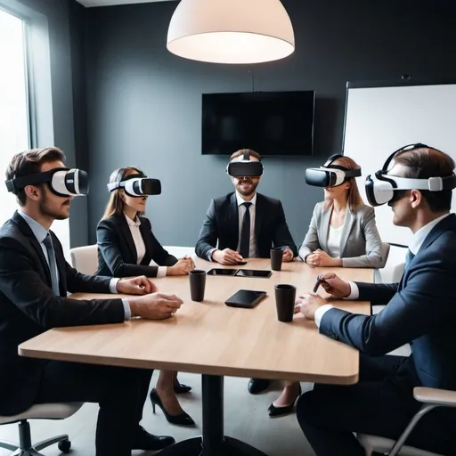 Prompt: A business meeting with everyone wearing VR Headsets