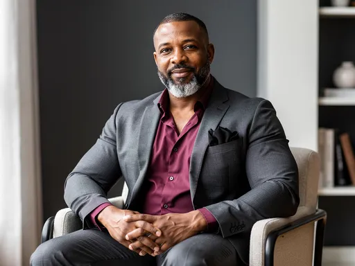 Prompt: Photograph of a middle-aged Black man with a medium-brown skin tone and a well-groomed, short gray beard and mustache. He has a muscular build and is wearing a dark gray, textured suit jacket with matching pants, a burgundy dress shirt, and a black pocket square. He is sitting on a beige upholstered chair with black metal armrests, hands resting on his lap. His expression is calm and confident, with a slight smile. The background features a modern, indoor setting with a dark gray wall, a white column, and blurred shelves with decorative items. The lighting is soft and natural, highlighting his facial features and attire.