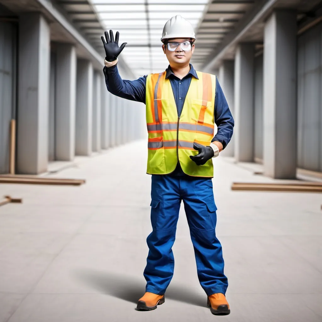 Prompt: Single man standing straight, spread his leg and spreading his two hand showing people he is wearing Safety Helmet, Safety Vest, Safety Goggle, Safety Hand Glove and Safety Vest.