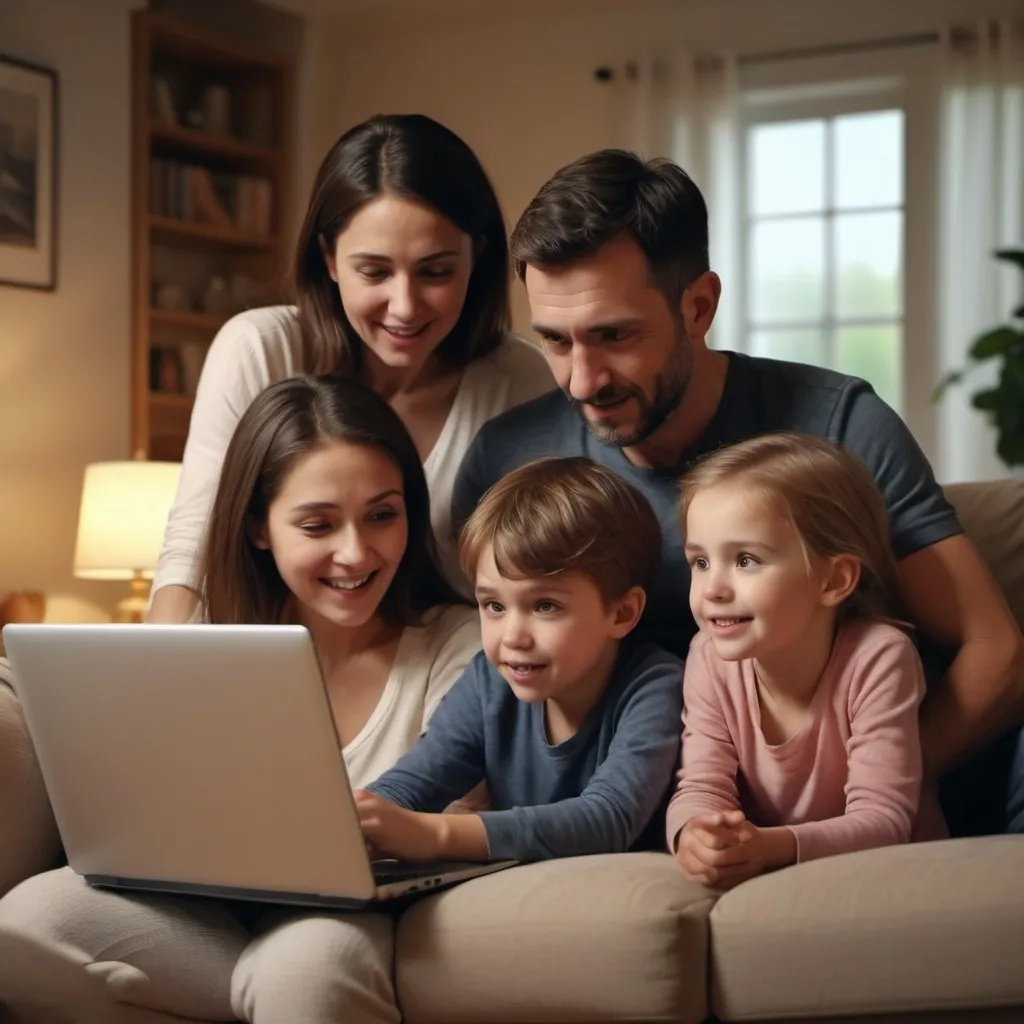 Prompt: father mother and son and daughter with a laptop looking into the laptop
