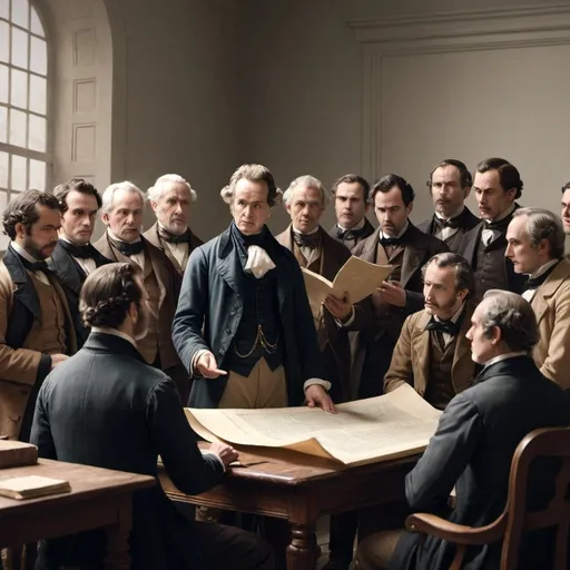 Prompt: In an 1840s setting, a genius man stands in front of a group men explaining something with a scroll while the group listen and observe attentively to the genius.