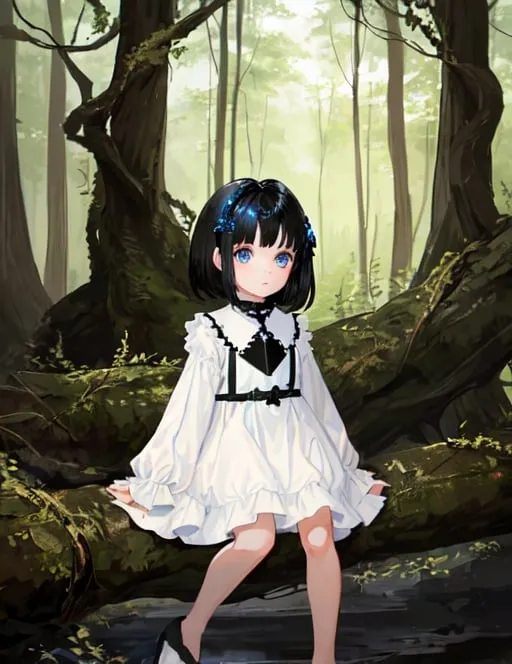 Prompt: A 5 year old little cute girl sitting on forest
In white sleeve dress black hair and blue
Crystal eyes 