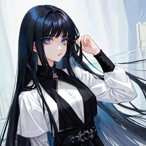 Prompt: A teenage girl with black hair and blue eyes
Long hair with manwha style art 