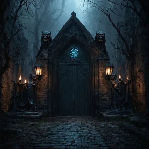 Prompt: Create a detailed and atmospheric image of the Crypt of the Shadow Council, a grand and ominous structure located in the undead and spirits district of the fantasy city of Cryptocitya. The scene should evoke a sense of gothic grandeur and supernatural menace. Include the following elements:

    Imposing Edifice: A large, imposing building made of black stone with intricate, gothic architectural details, including pointed arches, buttresses, and gargoyles.
    Skeletal Guardians: Statues of skeletal figures standing guard at the entrances, their eyes glowing with a faint, eerie light.
    Blue Flames: Flickering blue flames in sconces flanking the entrance and lining the path leading to the crypt.
    Heavy Iron Doors: Large, ornately decorated iron doors at the entrance, slightly ajar to reveal darkness within.
    Engraved Symbols: Ancient, esoteric symbols carved into the stone walls, glowing faintly as if imbued with magic.
    Foreboding Pathway: A narrow, cobblestone path leading up to the crypt, flanked by bare, twisted trees and lined with more spectral lanterns.
    Haunting Atmosphere: The overall color palette should consist of dark, muted tones like black, gray, and deep blue, with a cold, sinister mood. Mist and shadows should add to the eerie ambiance.

The image should capture the dark majesty and supernatural power of the crypt, emphasizing its role as a place of dark rituals and secretive council meetings.
