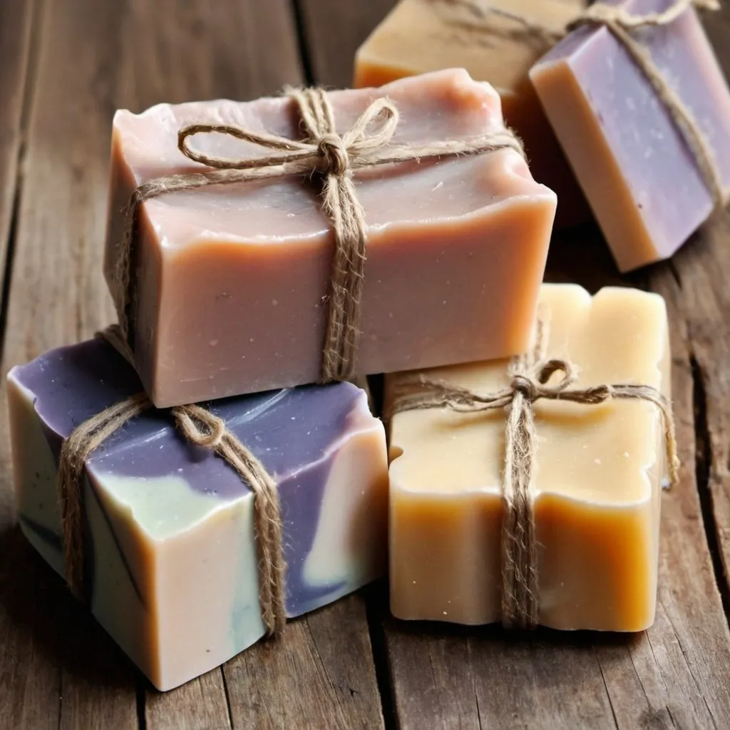 Prompt: handcrafted soaps sitting on a rustic wooden table