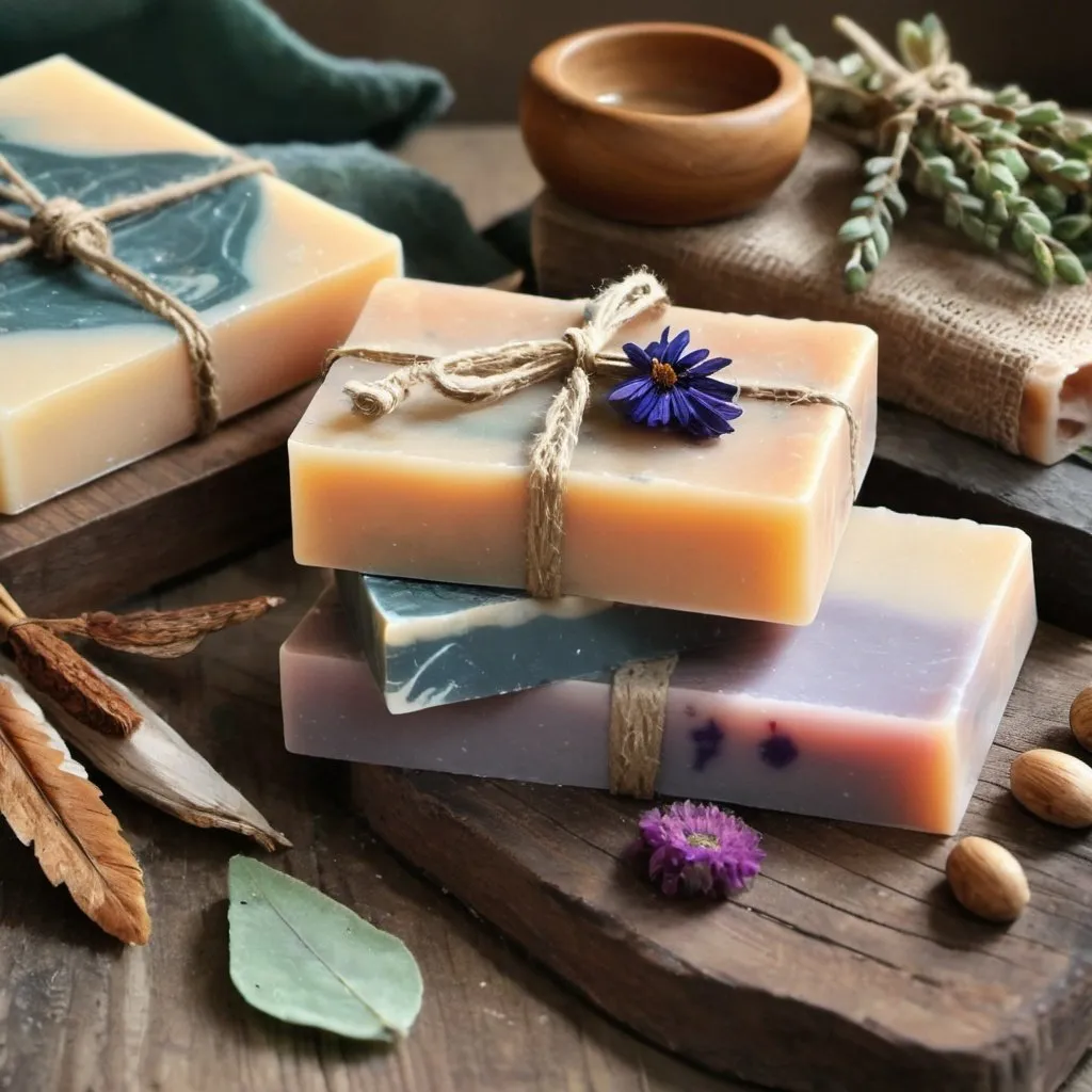 Prompt: handcrafted natural soap bars on rustic table with bohemian vibes