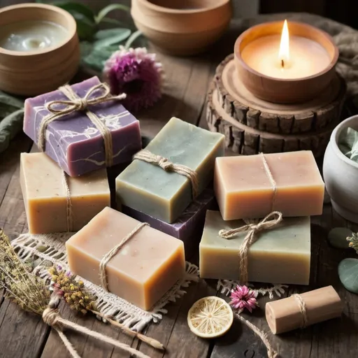 Prompt: handcrafted natural soap bars on rustic table with bohemian vibes