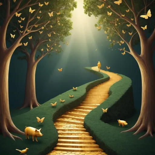 Prompt: Create an illustration of a metaphorical path that represents the evolution of a money mindset. The pathway should resemble a staircase or a gently winding road, with each step or segment symbolizing a different stage of financial development. Start with basic financial symbols like a piggy bank, then progress to more complex symbols such as coins, a wallet, credit cards, and finally, a flourishing tree symbolizing financial growth and abundance. A figure is seen walking along this path, with each step becoming more illuminated or vibrant, indicating progress and enlightenment. The background should have a soft gradient transitioning from darker to lighter shades, symbolizing the journey from financial uncertainty to clarity and growth. Incorporate a mix of earthy and metallic tones, with the tree at the end glowing with golden birds, golden coins and golden butterflies. Add a female figure 
at the bottom of the path
