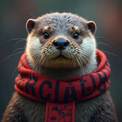 Prompt: Realistic looking otter is watching the football Champions League final and has Inter Milan scarf around his neck.