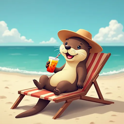 Prompt: Otter chilling at a beautiful warm beach with clear sea water visible. Otter also has a cute hat and a cool drink in his hand. Otter is also lying in a sun chair.