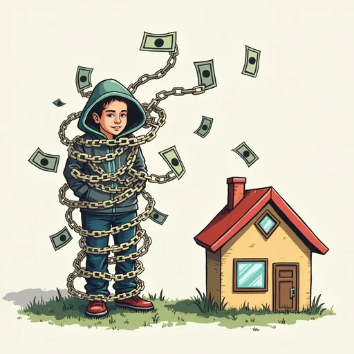 Prompt: A person tangled in chains made of credit cards vs someone using debt to buy a rental property.