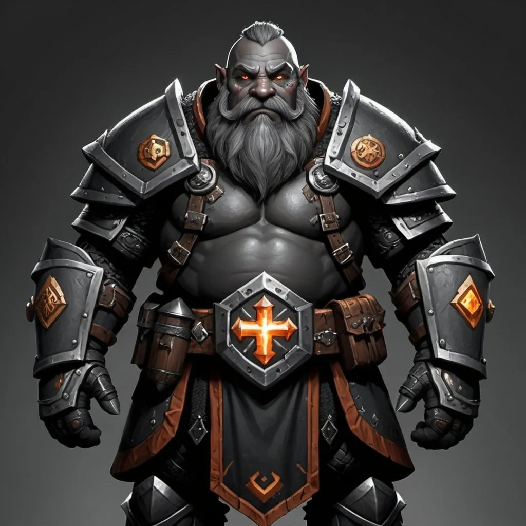 Prompt: Dark grey skin dwarf, and heavy black armor adorned with symbols of the forge.