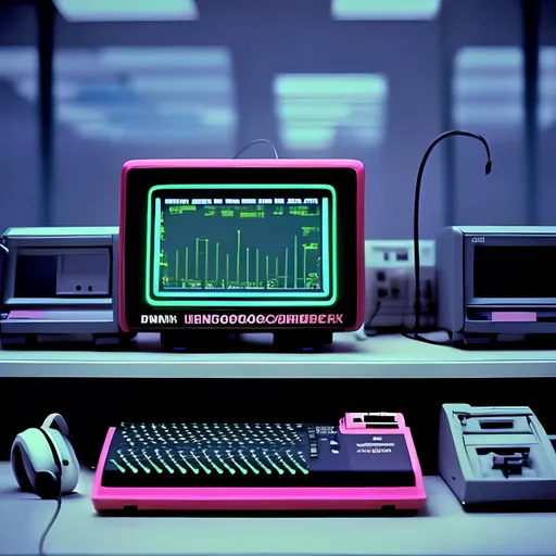 Prompt: looks like 1980s , 
old bloomberg terminal with a headset placed by it , shard , photo realistic , 80's , office . 

add a tape player and headphones on desk in neon colours 

theme music and trading 

make the word FWDX visible somewhere 

The headphones are easy to see and plugged into tape player 

the word fwdx is very visible on a small box for tapes