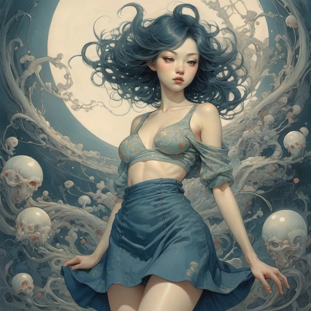 Prompt: James Jean, Warwick Goble, Surreal, mysterious, strange, fantastical, fantasy, sci-fi, Japanese anime You close your eyes like the wind and it's dusk I wonder what you're thinking Your eyelids are open Your eyes are dark I can smell it clearing just a little Beautiful miniskirt girl, perfect voluminous body, detailed masterpiece 