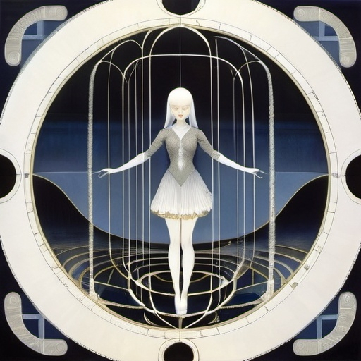 Prompt: Kay Nielsen, James Jean,  Mitsumasa Anno, Juco Putker, Sydney Sine, Surrealism, mysterious, bizarre, fantastical, fantasy, Sci-fi, Japanese anime, the shape of life is the shadow of fibers (grids) woven by bundles of parallel light irradiated from a point at infinity, the appearance of heterogeneous spheres, the geometry of the body of a beautiful high school girl in a miniskirt academic golden ratio, perfect voluminous body, detailed masterpiece 