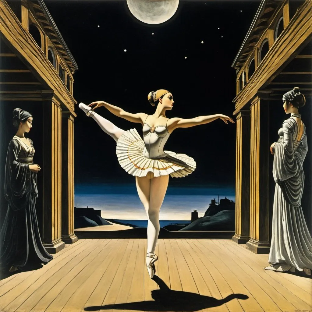 Prompt: Giorgio de Chirico, Paul Delvaux, Leon Bakst, Surreal, mysterious, strange, fantastical, fantasy, Sci-fi, Japanese anime, Karakuri dance, miniskirt beautiful ballerina, perfect voluminous body, moonlight in the theater, detailed masterpiece 