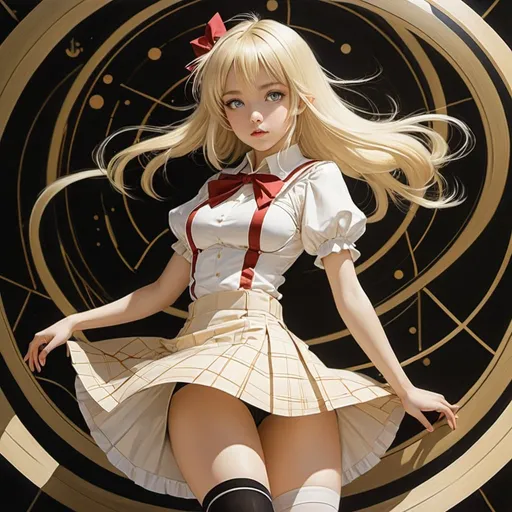 Prompt: Charles Robinson, Takashi Nakamura, Surreal, mysterious, strange, fantastical, fantasy, Sci-fi, Japanese anime, amazing boxes, science and theater, geometry, vision, blonde miniskirt beautiful girl Alice, perfect voluminous body, detailed masterpiece 