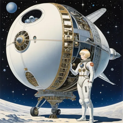 Prompt: Range Murata, George Barbier, Kay Nielsen, Surreal, mysterious, bizarre, fantastical, fantasy, Sci-fi, Japanese anime, spaceship maintenance shop, short-haired beautiful mechanic who repairs the engine of a spaceship floating in zero gravity, perfect voluminous body, space suit, earth and starry sky in the background, detailed masterpiece 