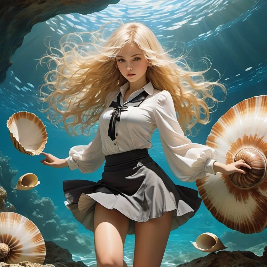 Prompt: Anna Lesznai, Márta Lacza, Zsolt Vidák, Béla Kontuly, Gabriella Hajnal, Arthur Rackham, Surrealism, wonder, strange, bizarre, fantasy, Sci-fi, Japanese anime, sounds pitch and pentagram, cross-section of a nautilus shell, beautiful blonde miniskirt girl Alice, perfect voluminous body, dynamic action poses, detailed masterpiece 