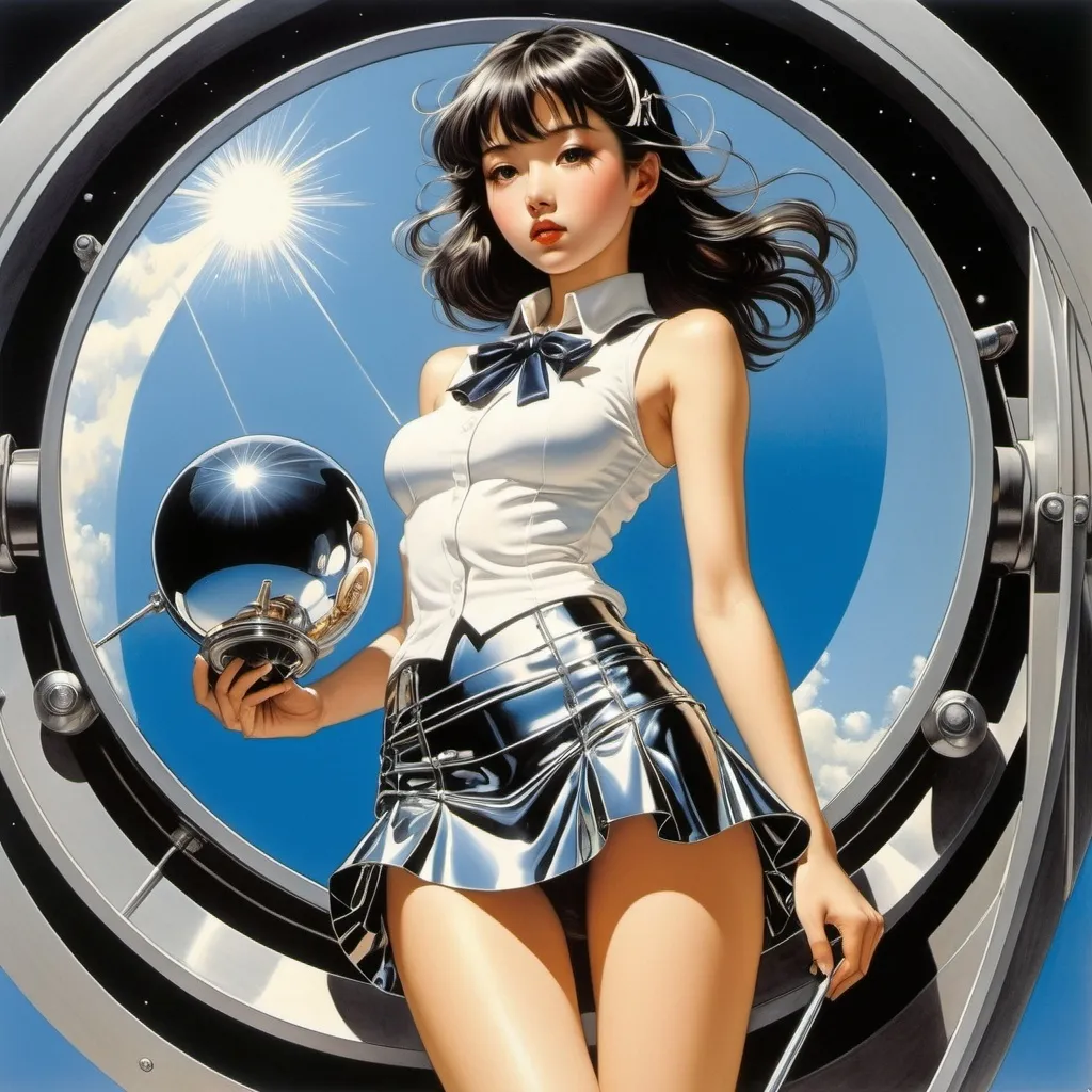 Prompt: Hajime Sorayama, Naoyuki Kato, Walter Crane, Randolph Caldecott, Endre Nemes, Surrealism Mysterious Weird Fantastic Fantasy Sci-Fi, Japanese Anime, How to make a reflecting telescope, Mirror polishing, Blueprint, Beautiful high school girl in miniskirt, perfect voluminous body, detailed masterpiece low high angles perspectives 