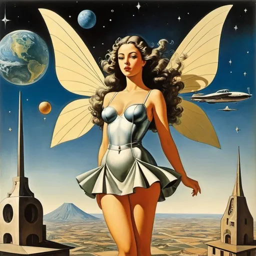 Prompt: Giorgio de Chirico, Leonor Fini, Dave Gibbons, Surrealism Mysterious Weird Fantastic Fantasy Sci-fi, Japanese Anime, Miniskirt Beautiful Girl Fairy, perfect voluminous body, Plane, Stars on Earth, detailed masterpiece wide angles