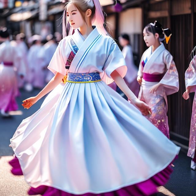 Prompt: ALEXANDRA GALLAGHER, Anne Anderson, Surreal, mysterious, strange, fantastical, fantasy, Sci-fi, Japanese anime, Alice, a beautiful blonde miniskirt kimono girl participating in the Awa Odori dance in Koenji, perfect body, the audience is very excited, fun, dynamic, detailed masterpiece colour drawings