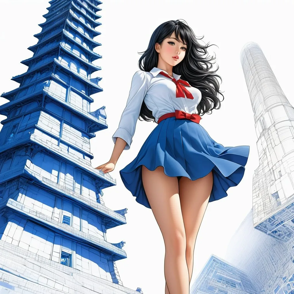 Prompt: Adolfo Hohenstein, Toriko Chiya, Surreal, mysterious, bizarre, fantastical, fantasy, Sci-fi, Japanese anime, blueprint of the Tower of Babel, blueprint, perspective, perspective, cross-section, developed view, reaching all the way to the sky.A miniskirt beautiful girl researcher examines the blueprint, detailed masterpiece perfect voluminous body