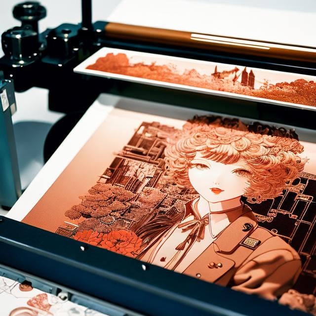 Prompt: Katsuhiro Otomo, Margaret Tarrant, Surreal, mysterious, strange, fantastical, fantasy, Sci-fi, Japanese anime, letterpress printing machine, workshop that prints miniskirt beautiful girl, details masterpiece 