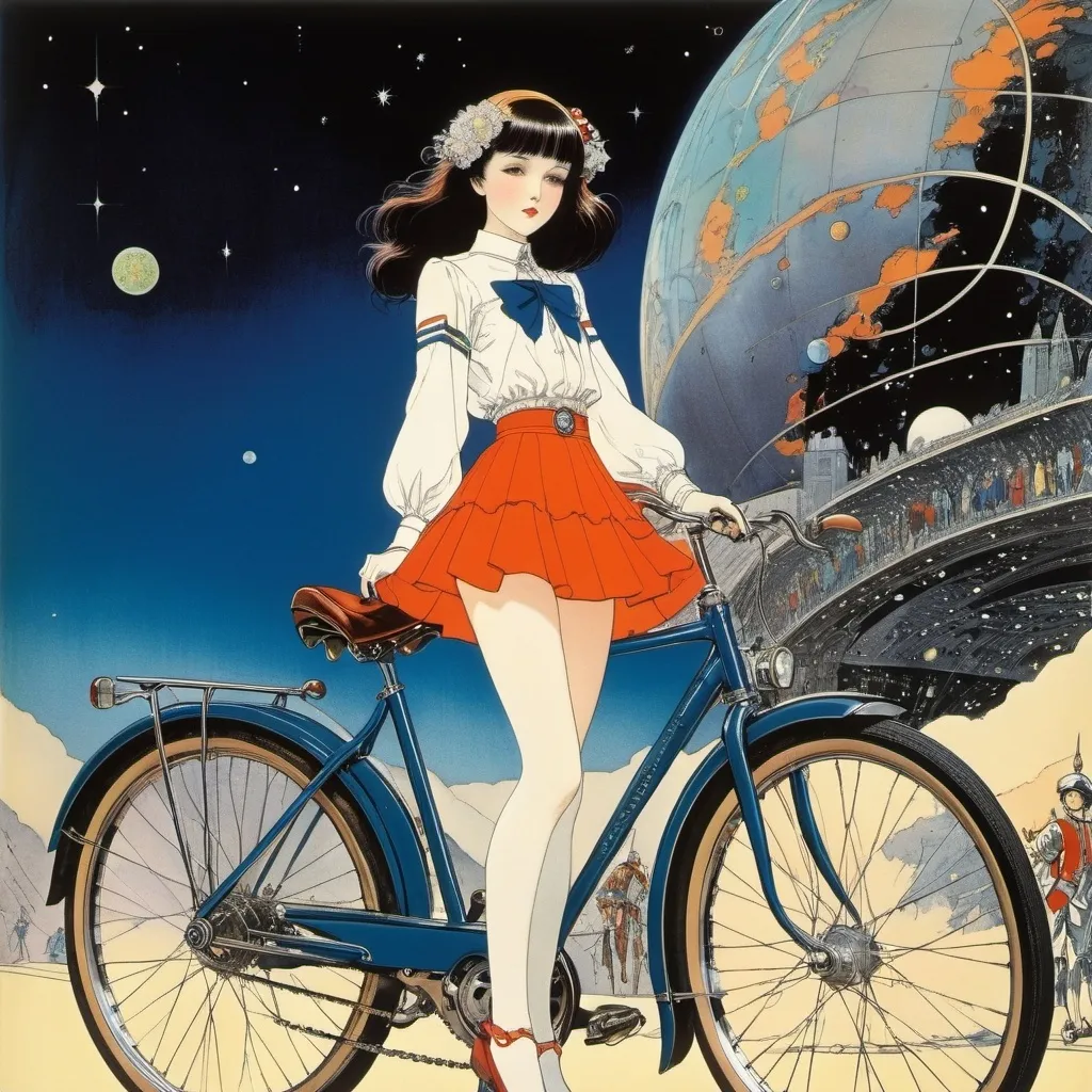 Prompt: Harry Clarke, Franciszek Bunsch, Virgil Burnett, Kenji Tsuruta, Clara Miller Burd, Surrealism Mysterious Bizarre Fantastic Fantasy Sci-Fi, Japanese Anime, Highway to Mars Bicycle trip of a miniskirt beautiful high school girl, perfect voluminous body, detailed masterpiece 