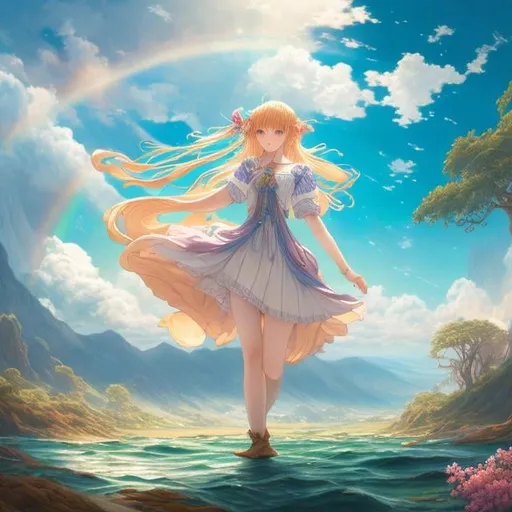 Prompt: Walter Crane, Richard Doyle, Anime, Mysterious, Weird, Outlandish, Fantasy, Sci-Fi Fantasy, Beautiful Girl Alice, Flood in the Classroom, Escaped Sailing Ship, Blue Sky and Clouds, Rainbow, Galaxy, detailed, high resolution definition quality masterpiece, vibrant colors, girl, masterpiece, sharp focus, best quality, depth of field, cinematic lighting, 