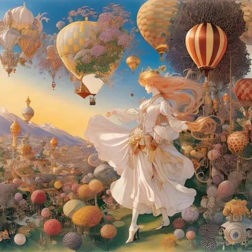 Prompt: Michael Kaluta, Koloman Moser, Surreal, mysterious, strange, fantastical, fantasy, Sci-fi, Japanese anime, the labyrinth on earth and the paradise of the mind, inside the box, miniskirt blond girl Alice in a balloon ride, perfect voluminous body, detailed masterpiece 