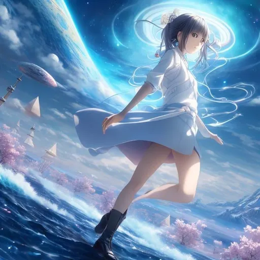 Prompt: Shinya Komatsu, Hideo Azuma, Surreal, mysterious, strange, fantastical, fantasy, Sci-fi, Japanese anime, God Gun, a ship that sails on the sea of ​​space, time flowing from the future to the past, the melancholy of a beautiful girl in a miniskirt, perfect voluminous body, hyper detailed masterpiece high resolution definition quality depth of field cinematic lighting 
