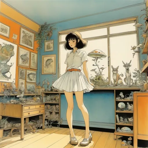 Prompt: Ralph Steadman, Maurice Sendak, Surreal, mysterious, strange, fantastic, fantasy, Sci-fi, Japanese anime, futuristic natural history era, miniskirt beautiful girl of hunter who discovers new species, perfect voluminous body, microcosm in a small room, detailed masterpiece 