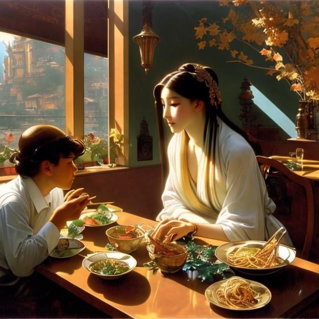 Prompt: Umberto Brunelleschi, Alphonse mucha, Surreal, mysterious, strange, fantastical, fantasy, Sci-fi, Japanese anime, Christmas Eve, father and son eating pho noodles at a Vietnamese restaurant, curious about the beautiful girl in the table over there, snow, detailed masterpiece 