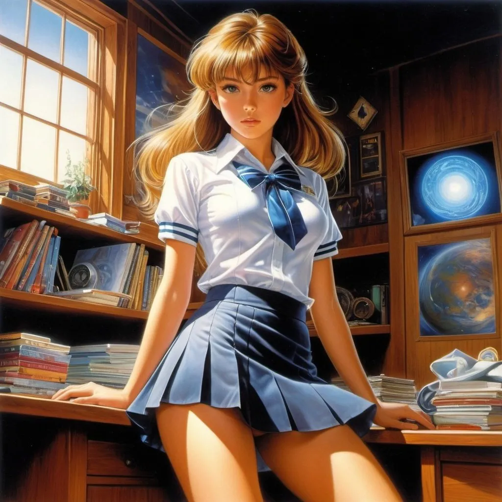 Prompt: Earl Steffa Moran, Jeff Easley, Surreal, mysterious, strange, fantastical, fantasy, Sci-fi, Japanese anime, contradictory events, sewing together separated destinies, my body stained with light and immersed in darkness, beautiful high school girl in a miniskirt, perfect voluminous body, detailed masterpiece 