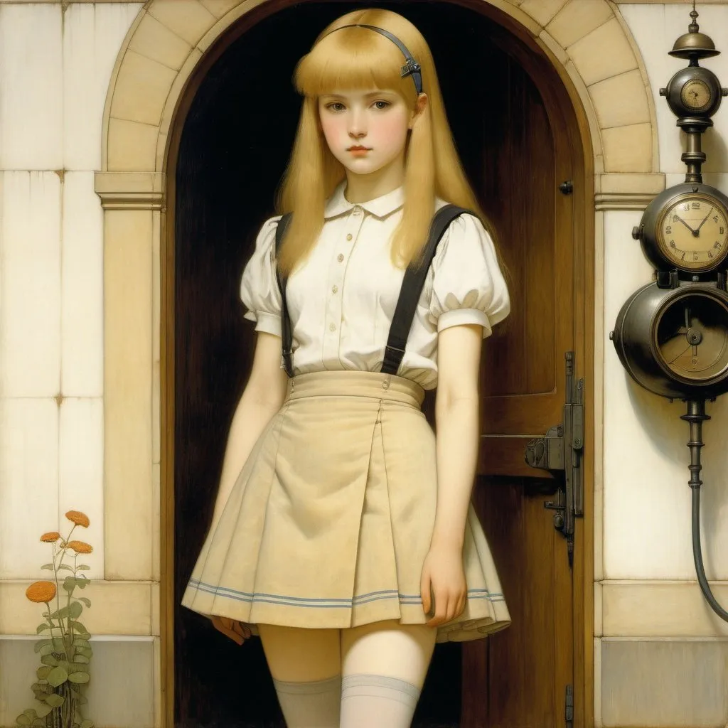 Prompt: Fernand Khnopff, Jessie Willcox Smith, Surrealism, wonder, strange, fantastical, fantasy, Sci-fi, Japanese anime, utopia of modernity, useless devices and beautiful blonde miniskirt girl Alice, perfect voluminous body, machine that imitates nature, detailed masterpiece 