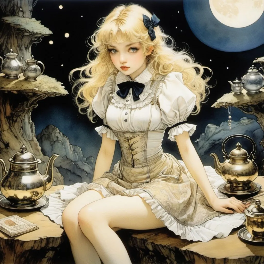 Prompt: Arthur Rackham, Gary Chalk, Robert Poughéon, Edward Mason Eggleston, Katsuya Terada, Surrealism, strange, strange, fantastical, fantasy, Sci-fi, Japanese anime, microcosm inside the body of blonde miniskirt beautiful girl Alice, perfect voluminous body, looking for a moonlit night tea party, detailed masterpiece low high angles perspectives 