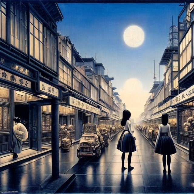 Prompt: Paul Delvaux, Naoyuki Kato, Surreal, mysterious, strange, fantastical, fantasy, Sci-fi, Japanese anime, gears and mechanisms of the world, miniskirt beautiful girl, perfect voluminous body, detailed masterpiece 