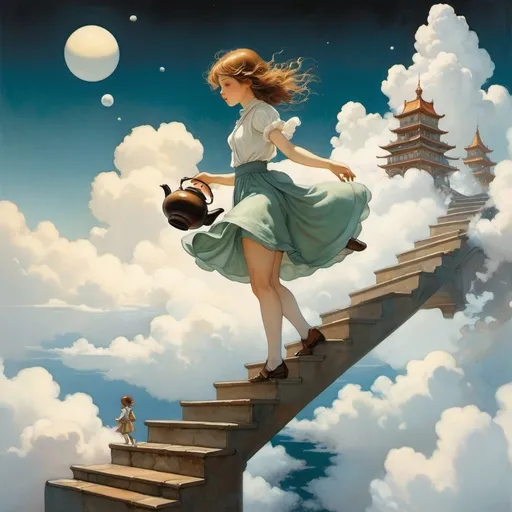 Prompt: Kate Greenaway, Esad Ribic, Surreal, mysterious, strange, fantastical, fantasy, sci-fi, Japanese anime, a teapot floating in the air, a beautiful girl in a miniskirt climbing the stairs above the clouds, perfect voluminous body, a flying octopus, detailed masterpiece low high angles perspectives wide angles