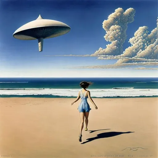 Prompt: Ida Rentoul Outhwaite, Jim burns, Surreal, mysterious, strange, fantastical, fantasy, Sci-fi, Japanese anime, a beautiful girl in gym clothes running on the sand of a deserted beach, perfect body, white T-shirt, blue sky, the remains of a spaceship towering over the sea, the horizon, detailed masterpiece 